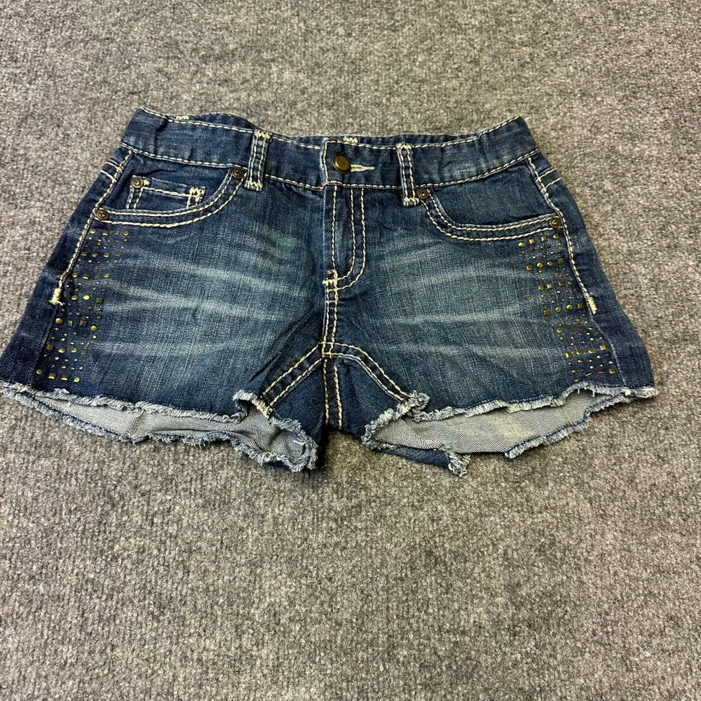 Cache Jean Shorts Womens Size 2 Blue Studded Low Rise Cut Off Denim Raw Hem Flaw